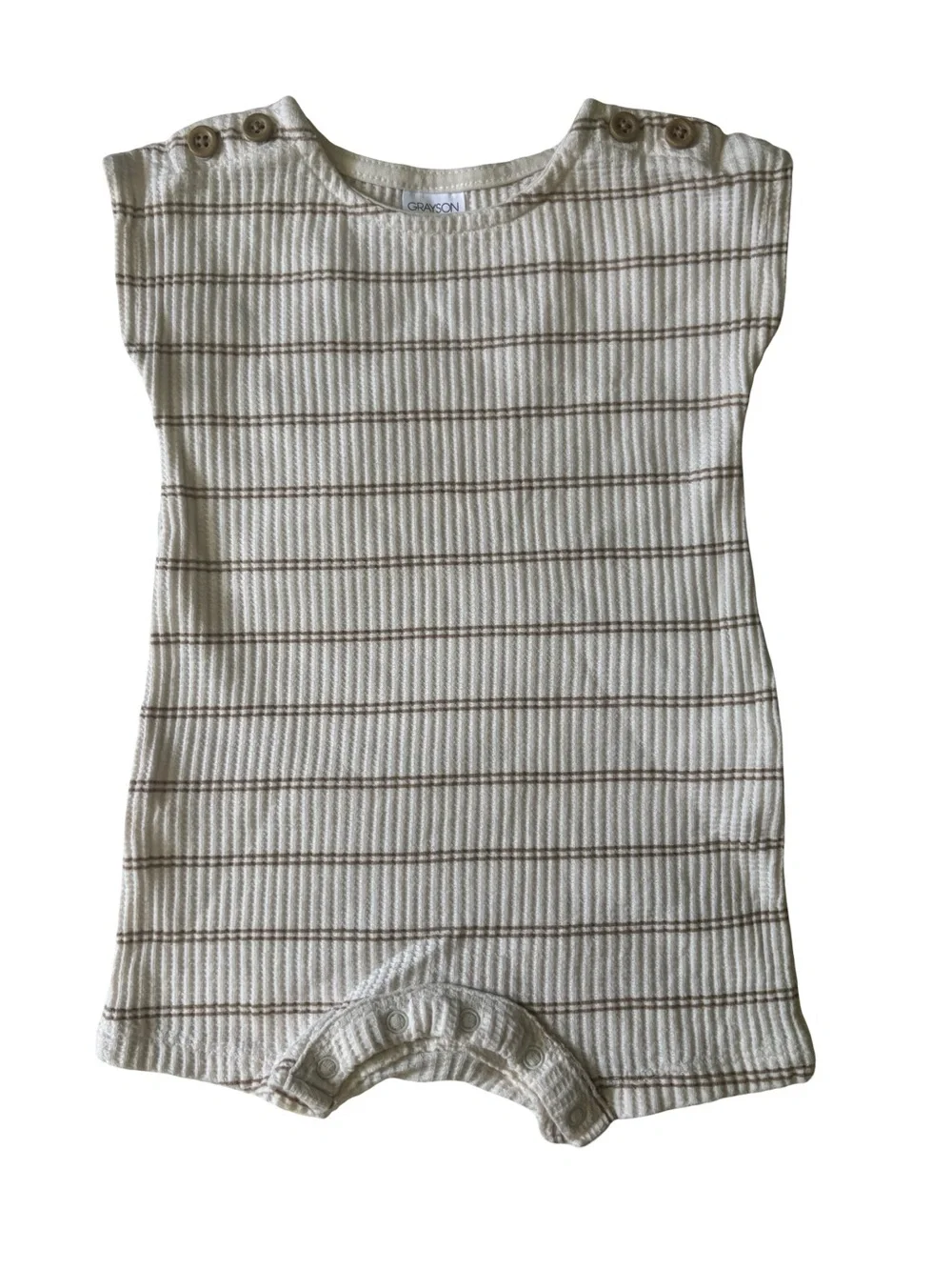 Grayson Mini Ribbed romper in Cream with Brown Stripes neutral baby one piece
